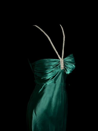 Robe de soirée longue en satin vert, style sirène, col licou, à volants, style vintage, DP937