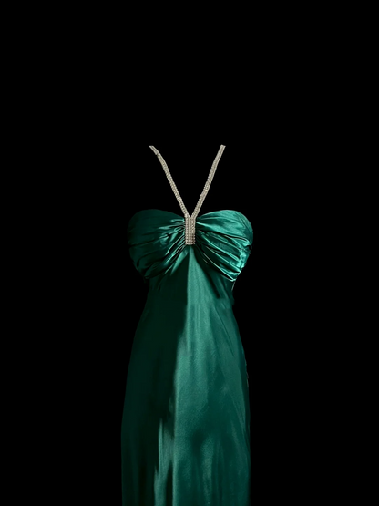 Robe de soirée longue en satin vert, style sirène, col licou, à volants, style vintage, DP937