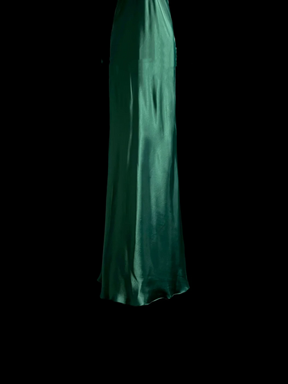 Robe de soirée longue en satin vert, style sirène, col licou, à volants, style vintage, DP937