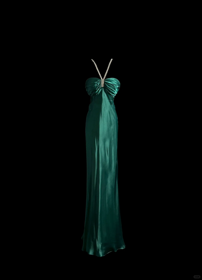 Robe de soirée longue en satin vert, style sirène, col licou, à volants, style vintage, DP937