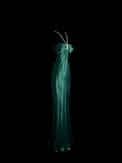 Robe de soirée longue en satin vert, style sirène, col licou, à volants, style vintage, DP937