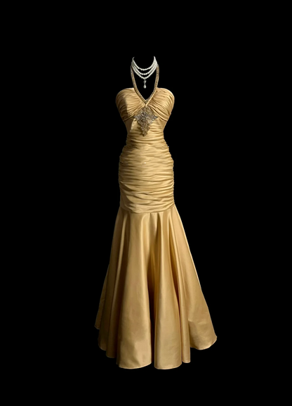 Robe de soirée longue en satin, style sirène, col licou, sans manches, à volants, DP940