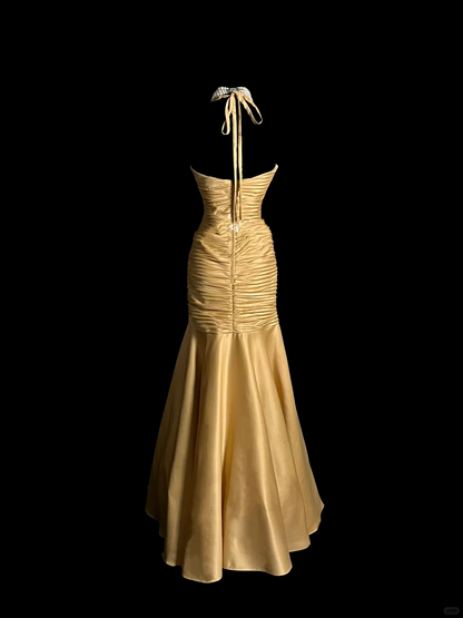 Robe de soirée longue en satin, style sirène, col licou, sans manches, à volants, DP940