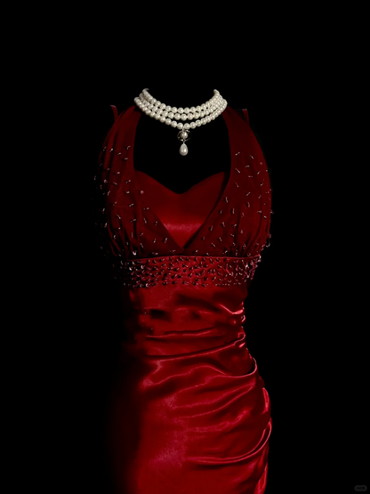 Robe de soirée longue en satin rouge, style sirène, sans manches, col licou, à volants, DP942