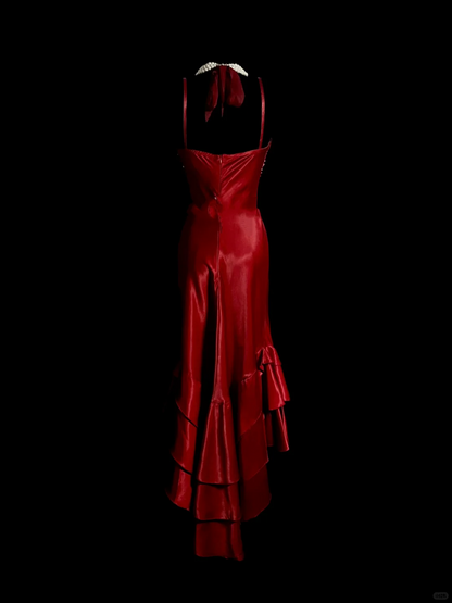 Robe de soirée longue en satin rouge, style sirène, sans manches, col licou, à volants, DP942