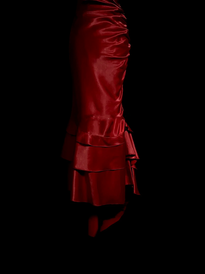 Robe de soirée longue en satin rouge, style sirène, sans manches, col licou, à volants, DP942