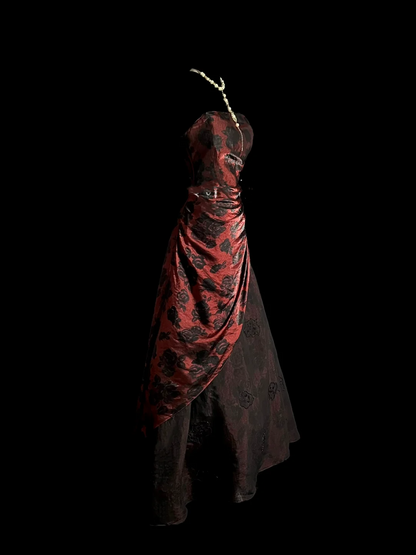 Robe de bal rétro bustier bordeaux en tulle floral, longue robe de soirée, DP944