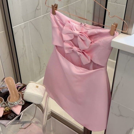 Cute A line Pink Strapless Short Summer Satin Birthday Dress Hoco Dress Birthday Outfit 19th Birthday Mini Party Dresses DP978