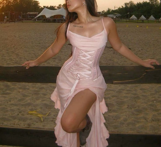 Sexy A Line Chiffon Long Birthday Dress Pink Prom Dress Baddie Birthday Outfit DP992