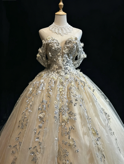 Märchenhafte Ballkleid Lange Quinceanera Kleid Tüll Applikationen Geburtstags-Kleid Gelbes Sweet 16 Kleid DQ001