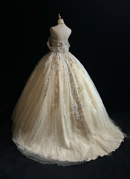 Märchenhafte Ballkleid Lange Quinceanera Kleid Tüll Applikationen Geburtstags-Kleid Gelbes Sweet 16 Kleid DQ001