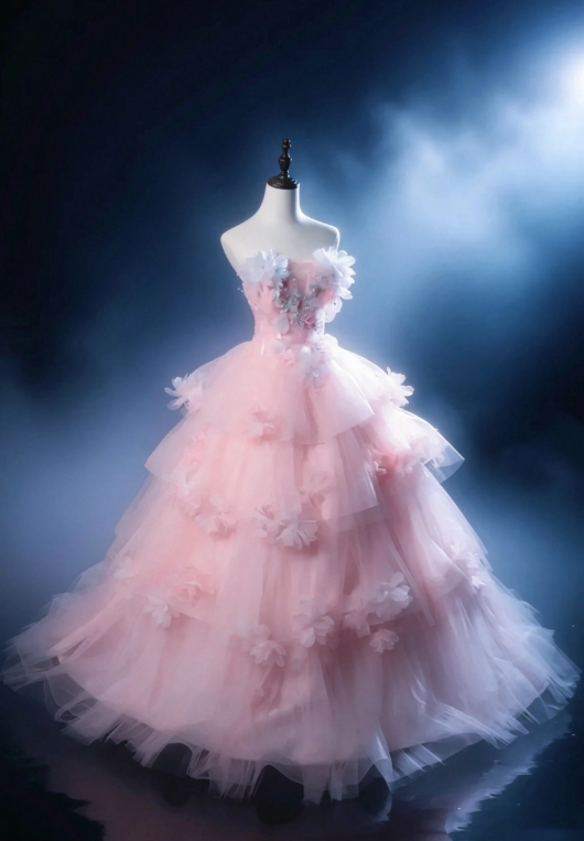 Robe de bal bustier fée, longue robe de quinceañera en tulle avec appliqués, robe d'anniversaire rose, robe de bal Sweet Sixteen DQ002