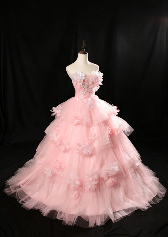 Märchenhaftes trägerloses Ballkleid, langes Quinceanera-Kleid, Tüll-Applikationen, Geburtstagskleid, pinkes Sweet 16 Kleid DQ002