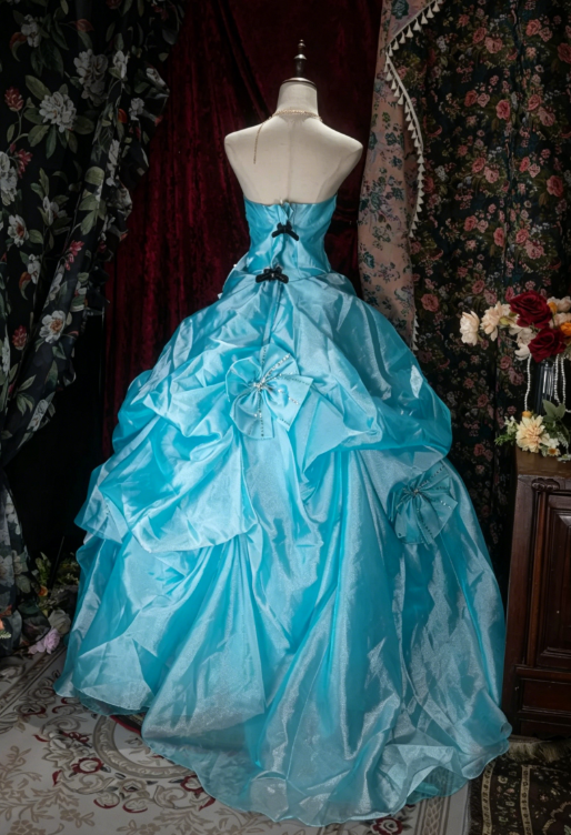 Robe de bal bustier fée, longue robe de quinceañera, robe d'anniversaire en tulle, robe bleue pour douce 16 ans DQ004