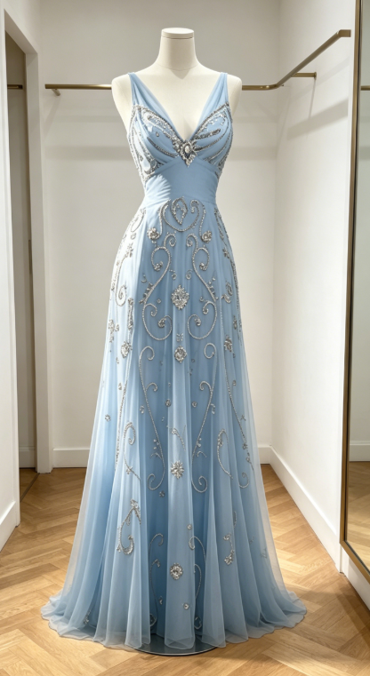 Robe de bal bleu pâle chic, col en V, fourreau en mousseline, perles, robe de soirée longue DQ006