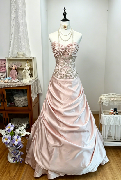 Élégante Robe de Bal Rose sans Bretelles, Coupe Trapèze en Satin Perlé, Robe de Soirée Longue DQ007