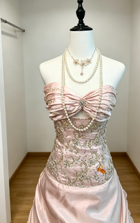 Élégante Robe de Bal Rose sans Bretelles, Coupe Trapèze en Satin Perlé, Robe de Soirée Longue DQ007