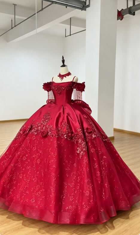 Robe de bal chic bordeaux pour les 16 ans en satin épaules dénudées Quinceanera DQ012