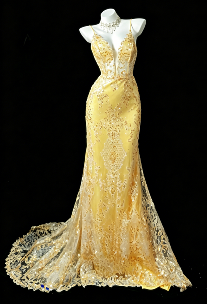 Elegantes gelbes Ballkleid, ärmellos, Spaghettiträger, Scheide, Tüll, Applikationen, langes Abendkleid DQ013