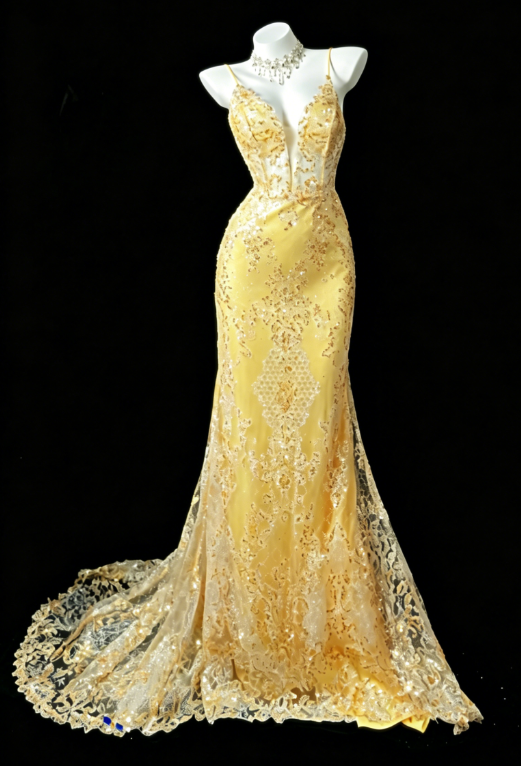 Chic Yellow Prom Dress  Spaghetti Strapless Sheath Tulle Appliques Long Evening Dress DQ013