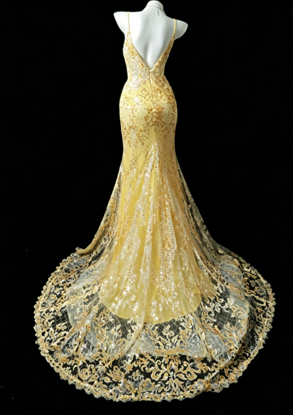 Elegantes gelbes Ballkleid, ärmellos, Spaghettiträger, Scheide, Tüll, Applikationen, langes Abendkleid DQ013