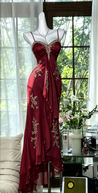 Robe de bal chic bordeaux, bretelles spaghetti, fourreau en mousseline, perles, robe de soirée longue DQ014