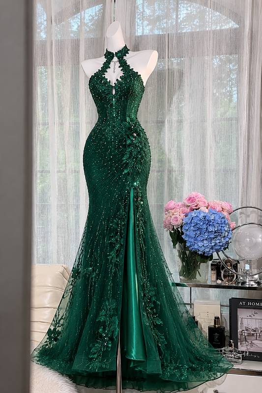 Chic Dark Green Prom Dress Halter Mermaid Tulle Beaded Long Evening Dress DQ015