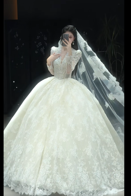 Luxury Ball Gown Long Wedding Dresses Lace Applique White Bridal Gowns Long Sleeve Bridal Dresses DW3792