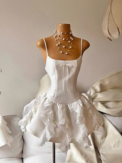 Schlichte A-Linie Spaghettiträger Weiß Kurz Satin Formelle Homecoming Kleider Party Abschlussballkleid Hoco Kleider DH2754