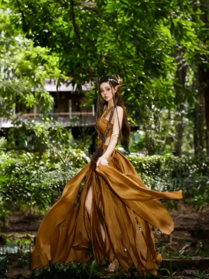 Elegant A Line Halter Brown Chiffon Sleeveless Long Evening Party Gowns Evening Formal Dresses Prom Dress DH105