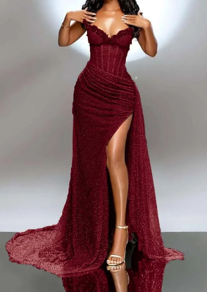 Robe de soirée longue fendue style sirène à paillettes et décolleté perlé, tenue d'anniversaire, robe de soirée, robe de soirée, DP253