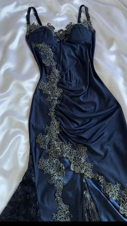Classy Bodycon Mermaid Straps Long Navy Blue Lace Prom Dress Party Dresses Graduation Dresses DP512