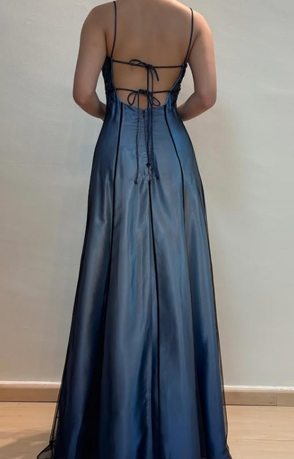 Elegant Spaghetti Straps Imperial Long Prom Dresses Satin Chiffon Beaded Blue Evening Dresses Sleeveless Formal Dresses DP04078