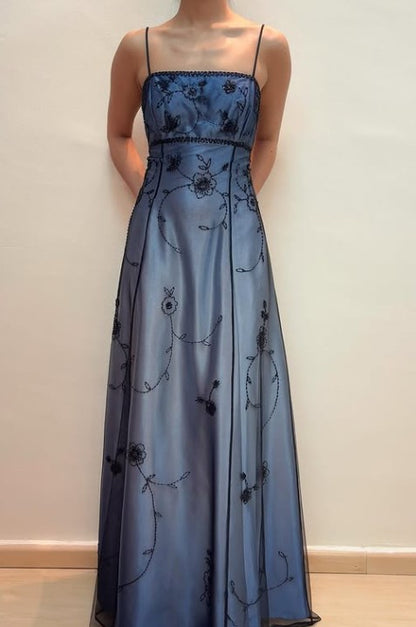Elegant Spaghetti Straps Imperial Long Prom Dresses Satin Chiffon Beaded Blue Evening Dresses Sleeveless Formal Dresses DP04078