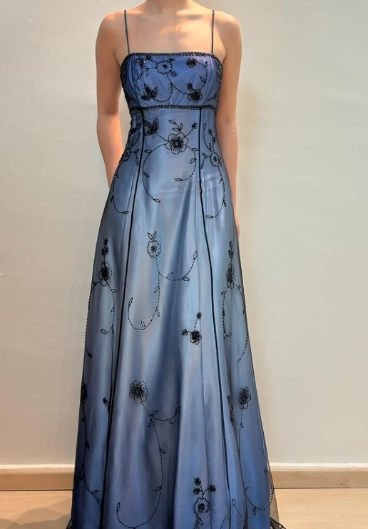 Elegant Spaghetti Straps Imperial Long Prom Dresses Satin Chiffon Beaded Blue Evening Dresses Sleeveless Formal Dresses DP04078