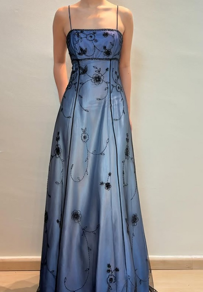 Elegant Spaghetti Straps Imperial Long Prom Dresses Satin Chiffon Beaded Blue Evening Dresses Sleeveless Formal Dresses DP04078