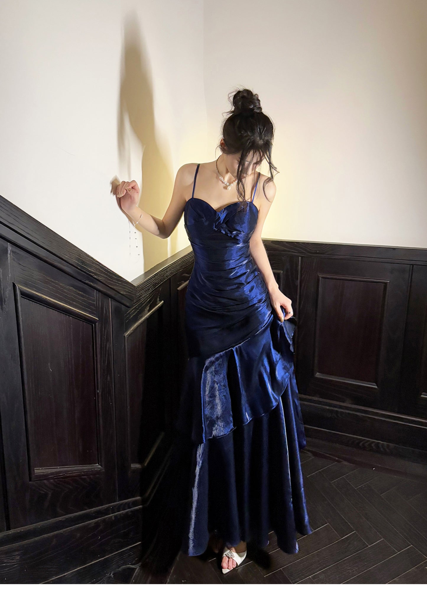 Elegant Mermaid Spaghetti Straps Blue Satin Long Prom Dresses Party Dress 21st Birthday Outfits Graduation Dresses DH2398