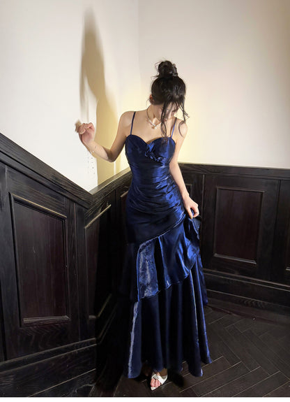 Elegant Mermaid Spaghetti Straps Blue Satin Long Prom Dresses Party Dress 21st Birthday Outfits Graduation Dresses DH2398