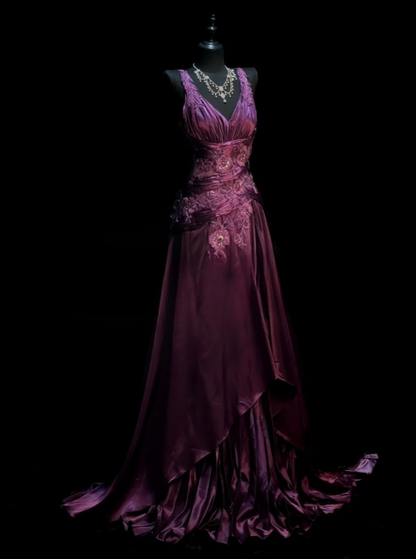 Elegantes rosafarbenes Ballkleid A-Linie V-Ausschnitt Satin langes Abendkleid Perlenbesetztes Geburtstagskleid DP05343