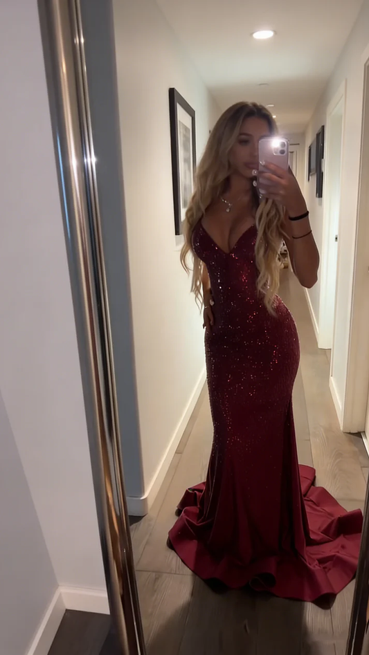 Sexy Burgundy Prom Dress V-neck Sheath Long Evening Dress DP05346