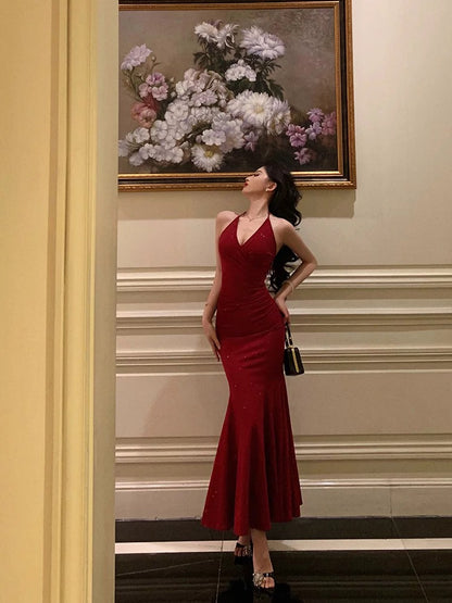 Sexy Mermaid Halter Red Sequin Sleeveless Prom Dresses Party Dress Summer Birthday Outfits 20th Birthday Dresses W818