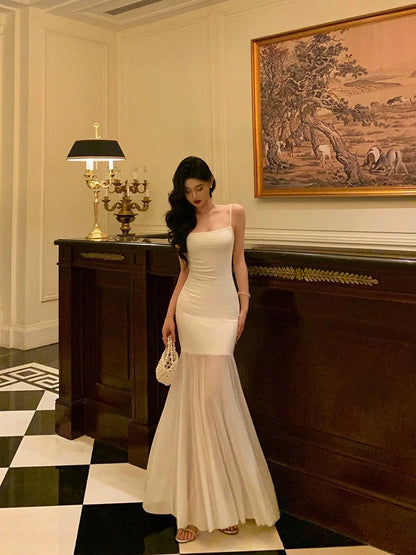 Sexy Mermaid Spaghetti Straps White Sleeveless Prom Dresses Party Dress Summer Birthday Outfits 20th Birthday Dresses W816