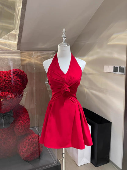 Robe de soirée courte en mousseline de soie rouge à fleurs, coupe trapèze, col licou, tenue de soirée, de remise de diplôme, Hoco DH2785