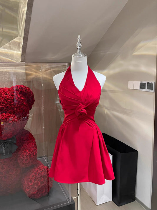 Simple A Line Halter Red Chiffon Floral Short Formal Homecoming Dresses Party Graduation Dress Hoco Dresses DH2785