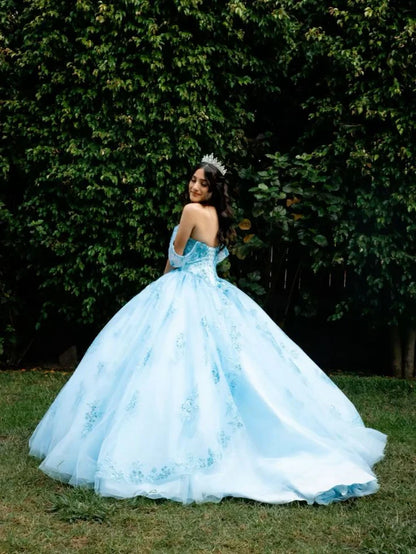 Modest Ball Gown Off The Shoulder Blue Tulle Lace Long Quinceanera Dress Formal Gowns Vestido De 15 Anos Sweet 16 Dress H1854