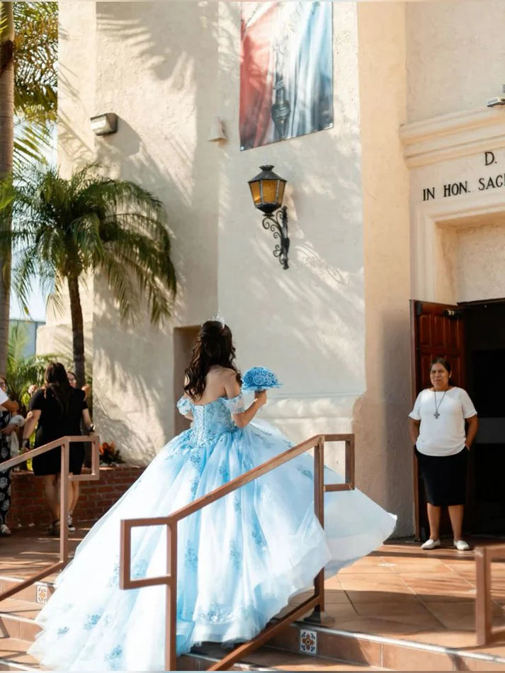Modest Ball Gown Off The Shoulder Blue Tulle Lace Long Quinceanera Dress Formal Gowns Vestido De 15 Anos Sweet 16 Dress H1854