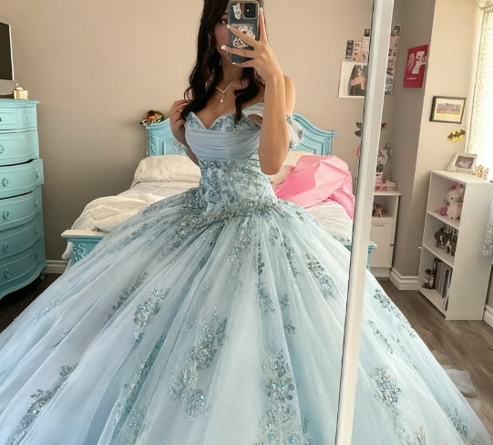 Modest Ball Gown Off The Shoulder Blue Tulle Lace Long Quinceanera Dress Formal Gowns Vestido De 15 Anos Sweet 16 Dress H1854