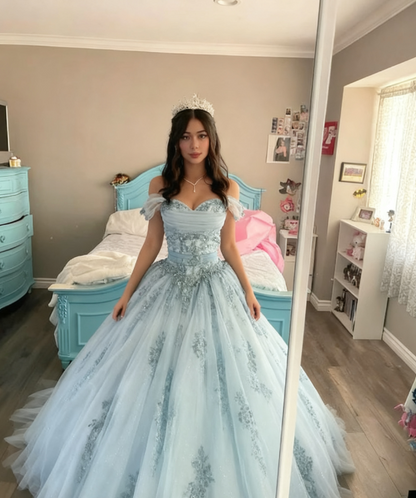Modest Ball Gown Off The Shoulder Blue Tulle Lace Long Quinceanera Dress Formal Gowns Vestido De 15 Anos Sweet 16 Dress H1854