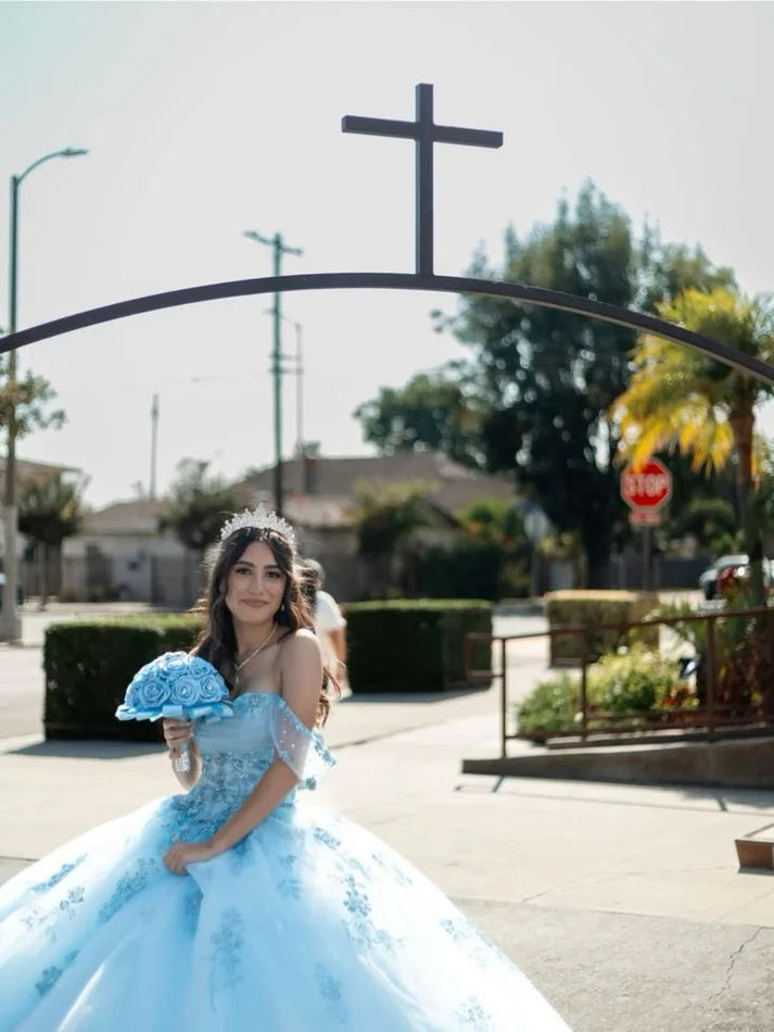 Modest Ball Gown Off The Shoulder Blue Tulle Lace Long Quinceanera Dress Formal Gowns Vestido De 15 Anos Sweet 16 Dress H1854