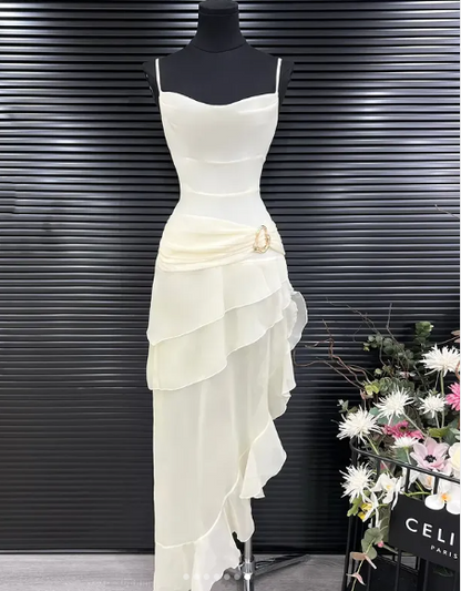 Superbes robes de bal en mousseline ivoire à bretelles hautes et basses, robes d'invitées de mariage d'été formelles, tenues d'invitées de mariage DP754